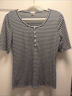 J. Crew Black and White Striped Short Sleeve Henley Tee